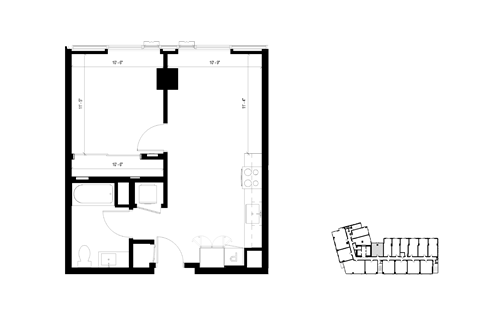 Floor plan for 1 bed, 1 bath, 568 sqft